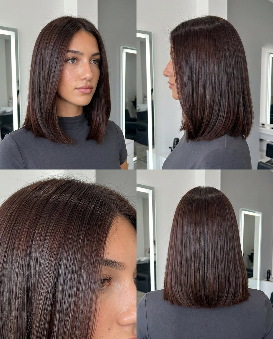 collarbone-length deep mahogany glaze lob with blunt perimeter and center part for sophisticated polish