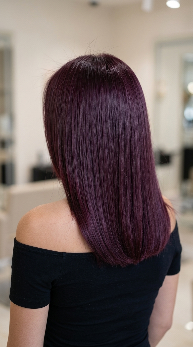 long one-length haircut with uniform deep plum all-over color, cool violet-red shine for formal events