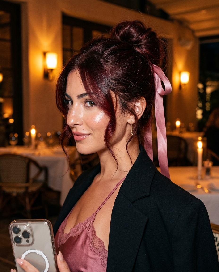 Coquette Ribbon Bun 2026 long coquette ribbon bun with deep mahogany red reflects for summer date night