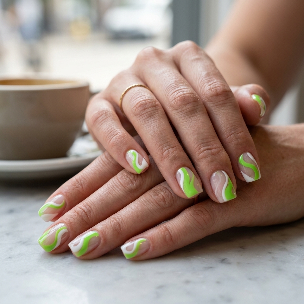 Artistic Lime Green Swirl Nails 2026 Playful lime green and white abstract swirl nails for casual outings. Easy summer nails 2026.