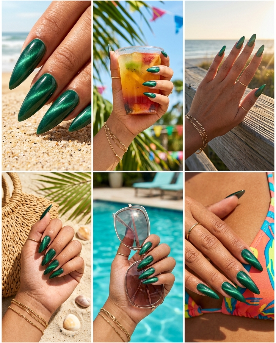 Edgy Emerald Cat-Eye Stilettos 2026 Edgy emerald green cat-eye stiletto nails for festivals and parties. Easy summer nails 2026.