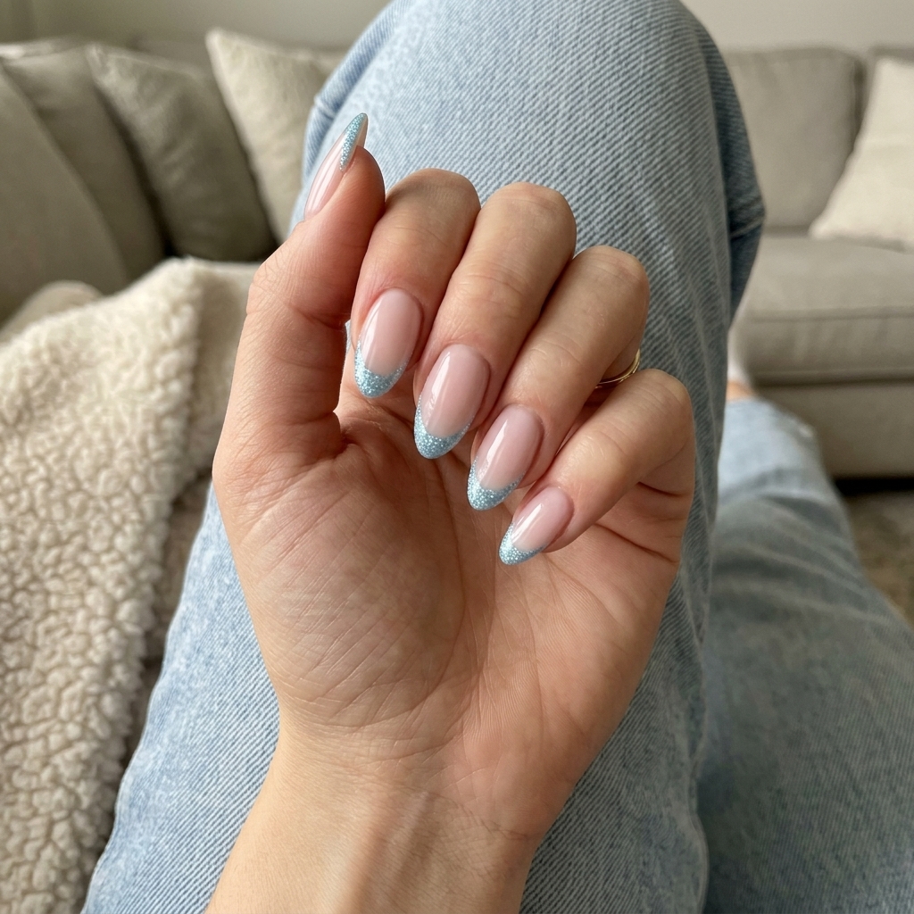 Easy Summer Nails 2026: Frosty Glitter French Easy summer nails 2026: Frosty glitter French tip on short square nails for a playful, refreshing look.