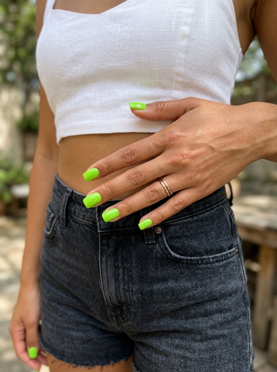 Glossy Lime Green Square Nails 2026 Glossy Lime Green Short Square nails for easy summer nails 2026, ideal for festivals.