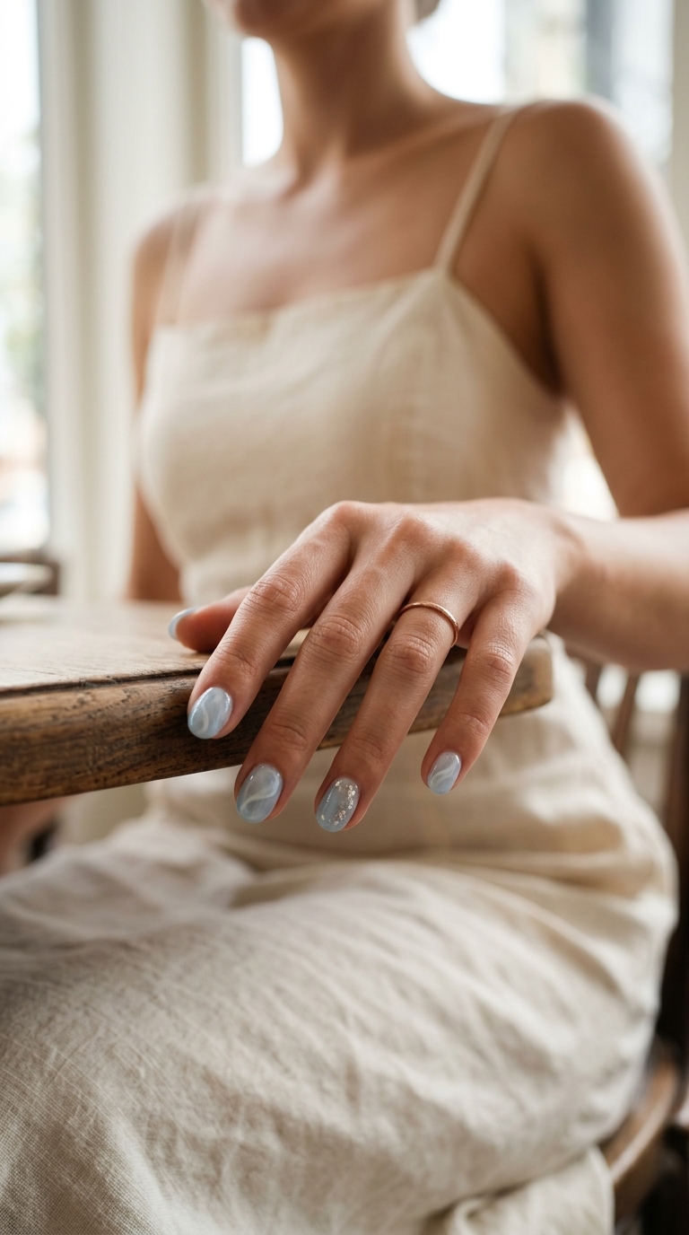 Easy Summer Nails 2026: Icy Blue Marble Chic Easy summer nails 2026: Sheer icy blue marble swirls on short square nails for a serene, chic look.