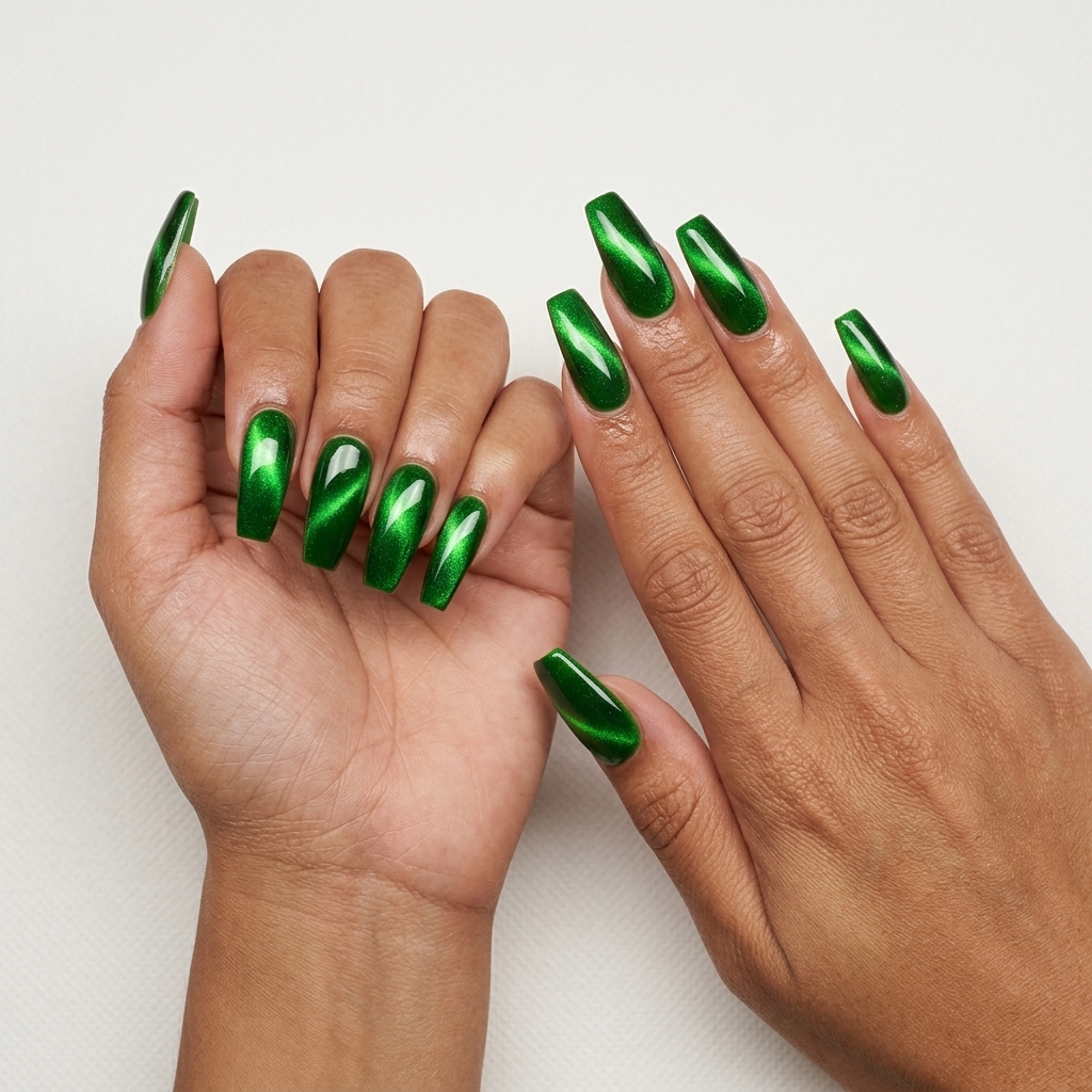 Bold Lime Green Cat-Eye Nails 2026 Electric lime green cat-eye coffin nails for a bold summer party look. Easy summer nails 2026.