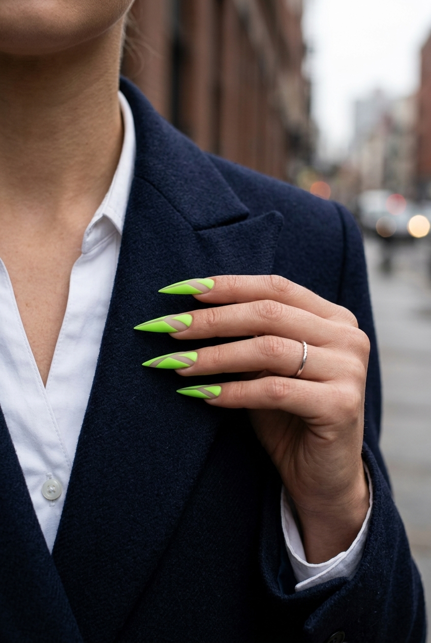 Bold Lime Green Negative Space Nails 2026 Bold lime green negative space lines on stiletto nails for fashion events. Easy summer nails 2026.