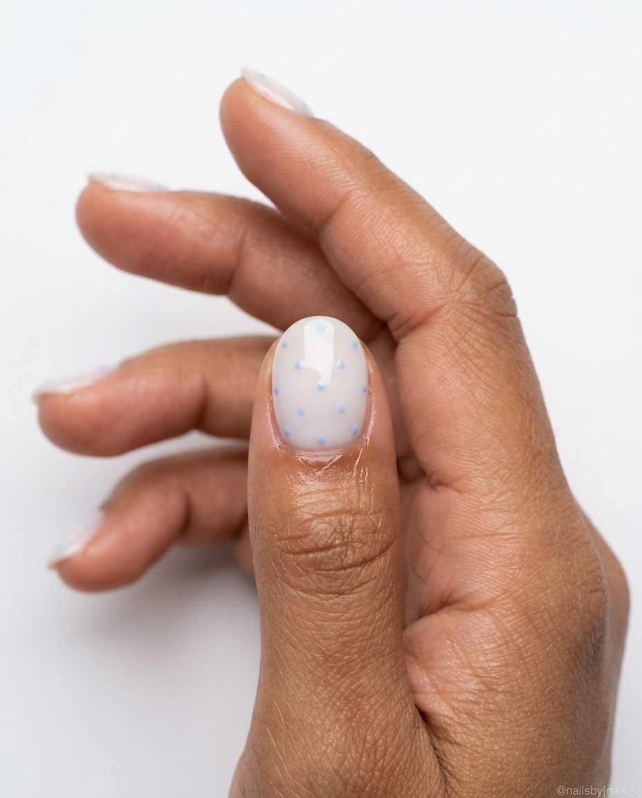 Easy Summer Nails 2026: Chic Milky Blue Dots Easy summer nails 2026: Milky blue dot classic oval nails for a chic, work-appropriate look.