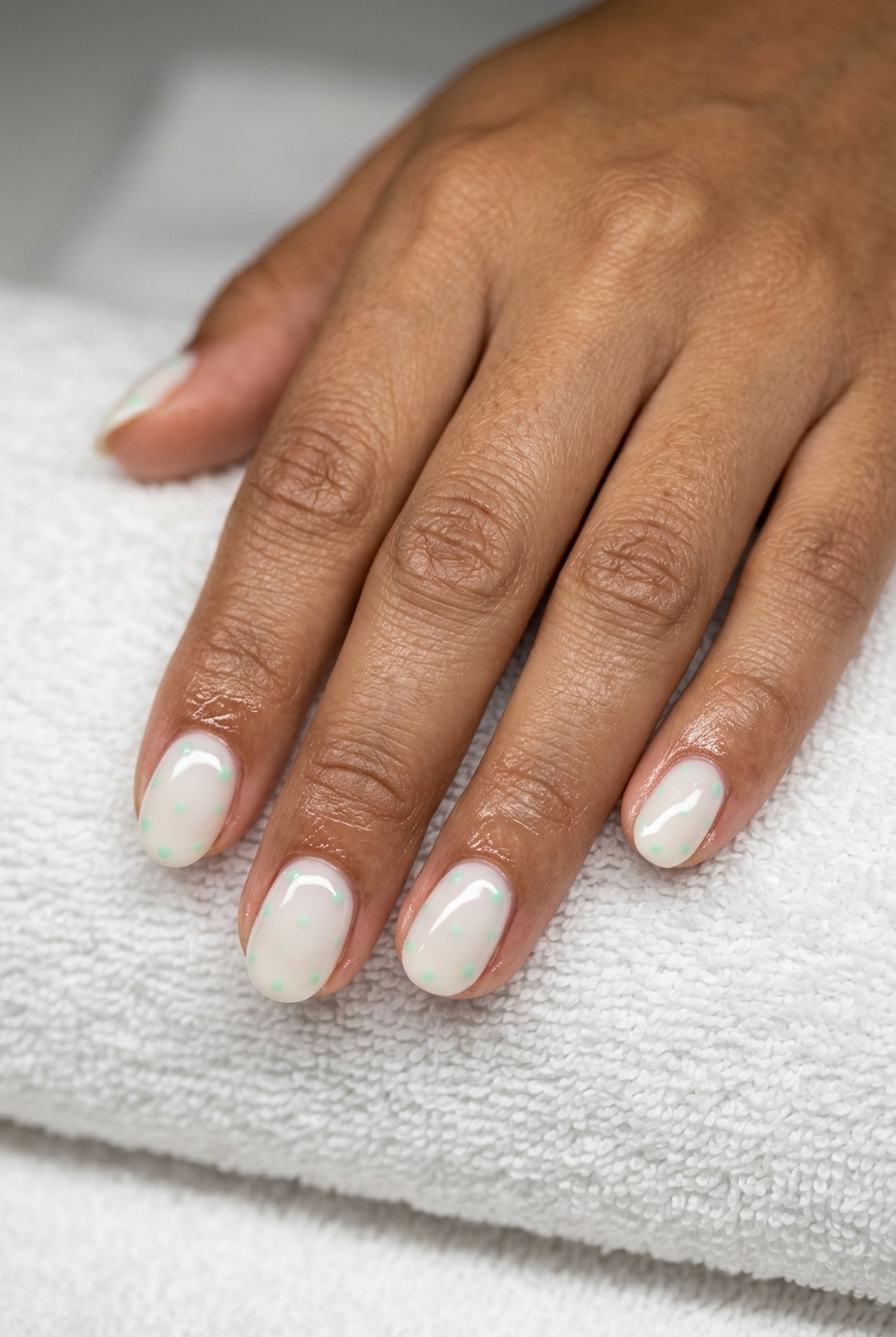 Milky White Dot Nails 2026 Milky White Dots Soft Oval nails for easy summer nails 2026, great for casual wear.