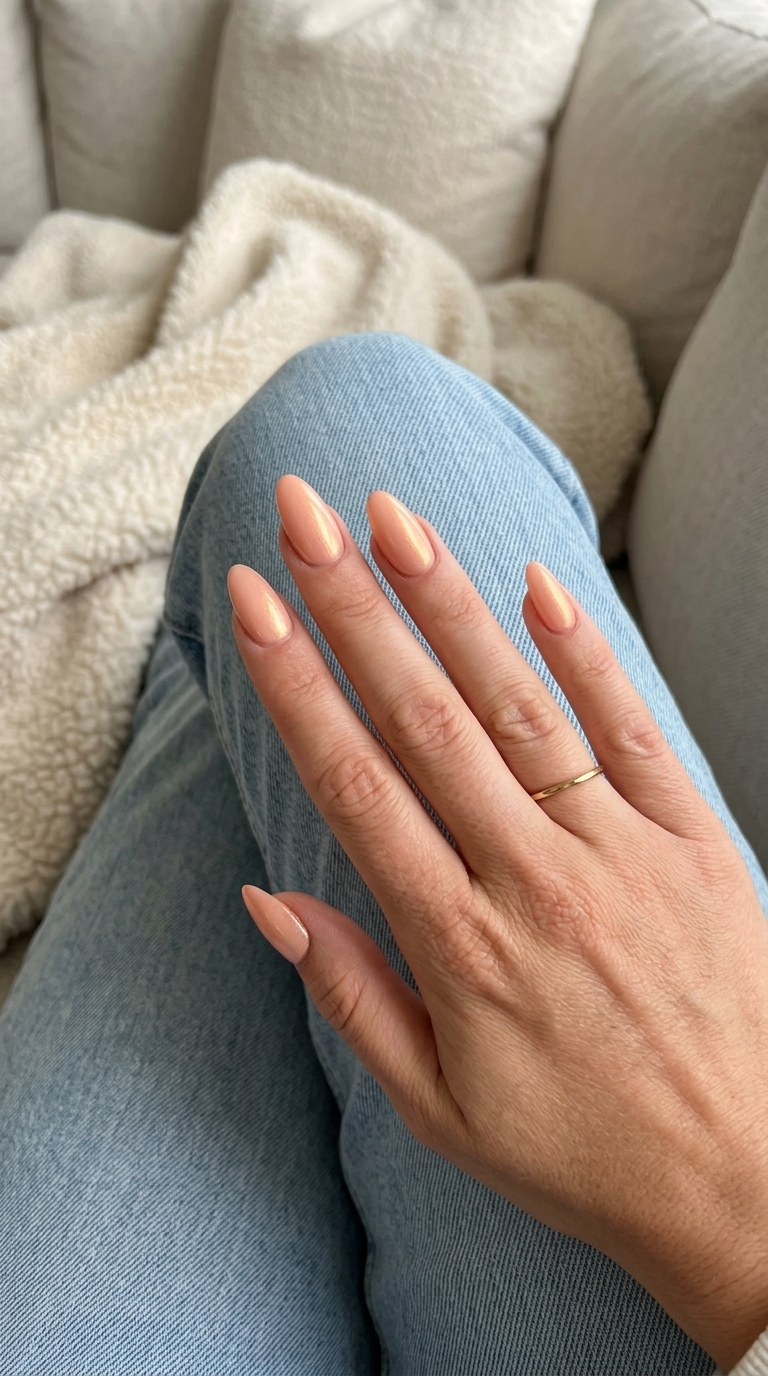 Easy Summer Nails 2026: Romantic Peach Shimmer Easy summer nails 2026: Sun-kissed peach shimmer on medium almond nails for a romantic, warm glow.