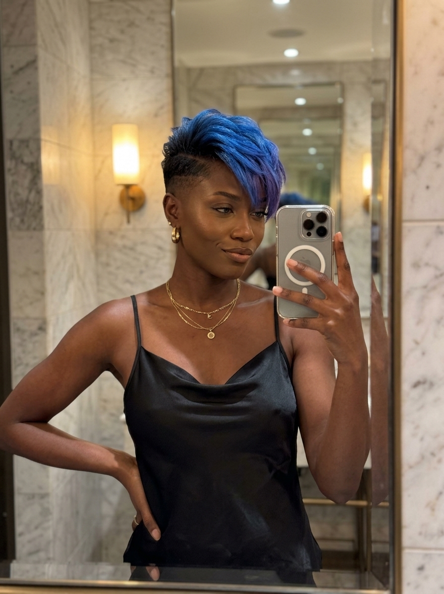Neon Edge Undercut: Bold Pixie Haircut 2026 short pixie haircut with electric blue and violet ends, disconnected undercut, asymmetrical fringe β edgy rebellious
