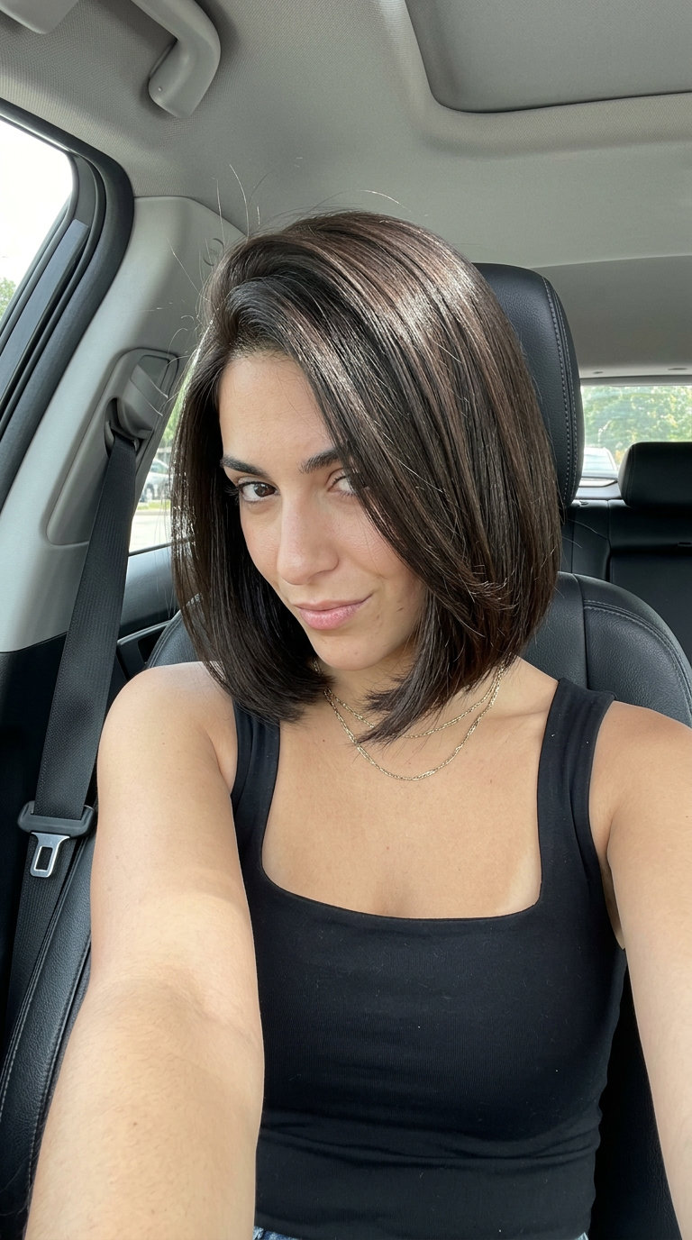 chin-length bob haircut in Espresso Roast with high-shine finish, deep side part, inward-curving ends — elegant summer style