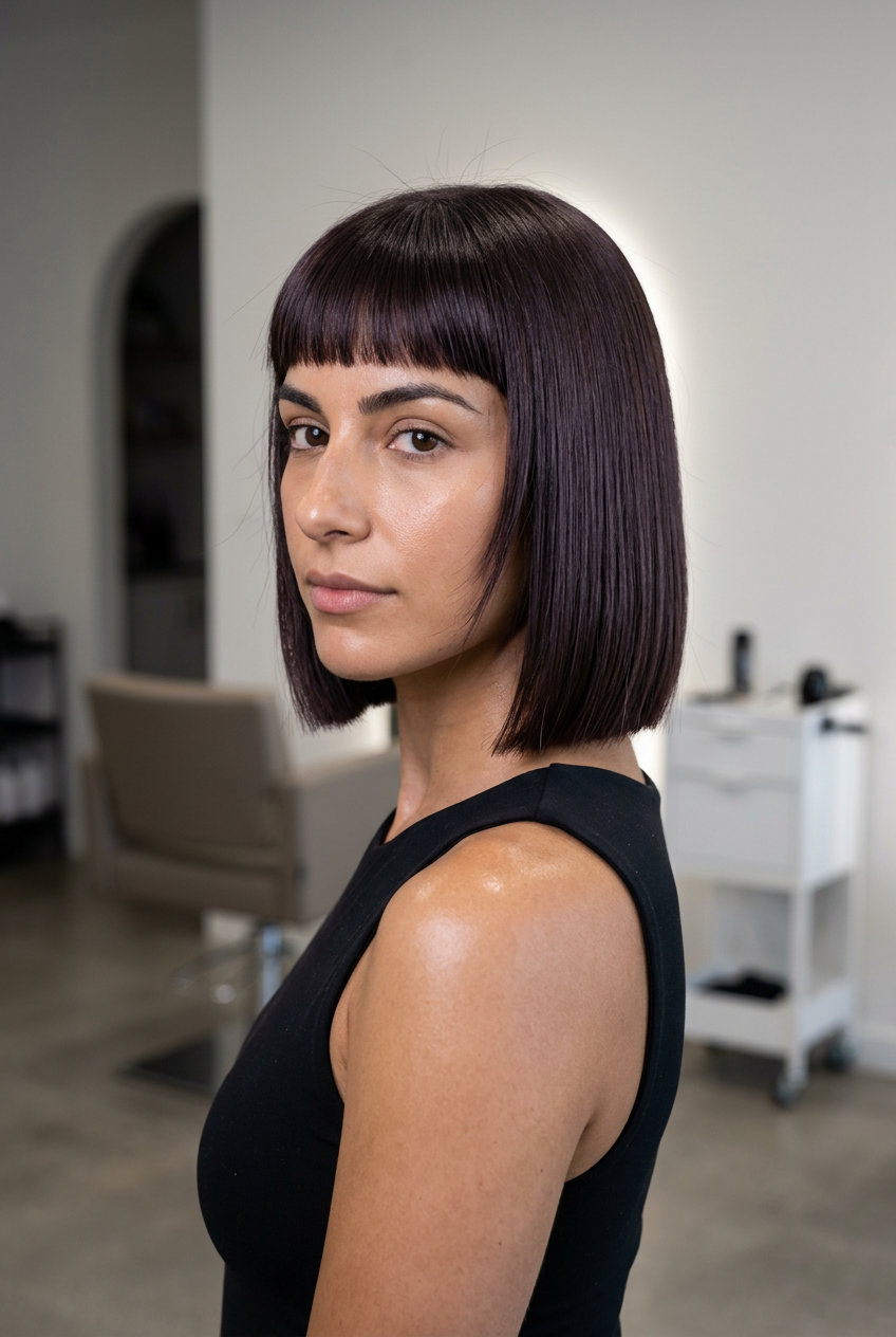 Espresso Roast French Bob with Micro Bangs 2026 jaw-length espresso brown french bob with micro bangs and high-gloss finish for summer