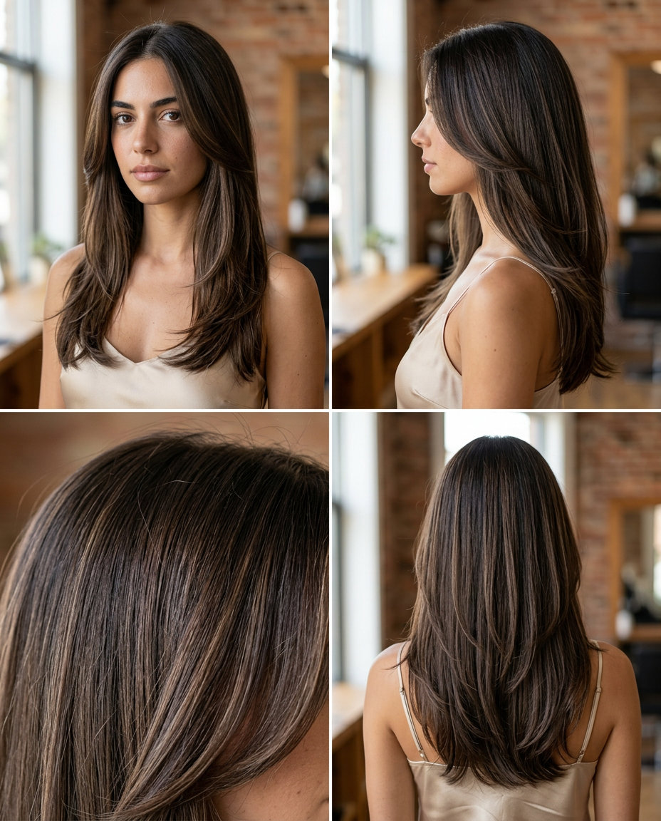 long layered haircut with espresso brown, mocha lowlights, face-framing layers — romantic sophisticated style