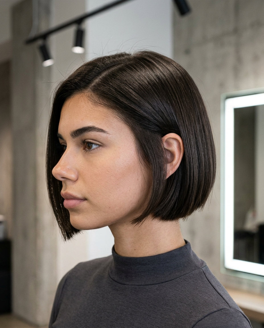 Chic Espresso Bixie Haircut 2026 short blunt bixie haircut in deep espresso brown with side part for summer