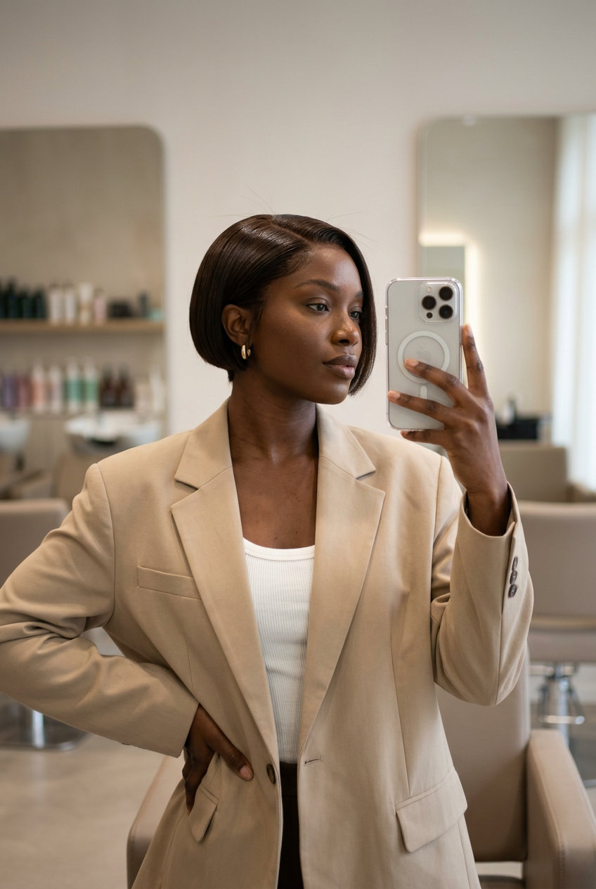 Executive Bixie Haircut 2026: Professional & Polished short blunt bixie haircut in deep espresso brown with a structured silhouette for a professional look