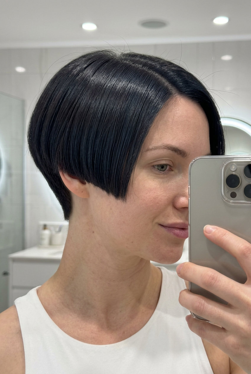 short blunt-cut pixie with deep espresso brown, clean perimeter, and sleek styling for professional look