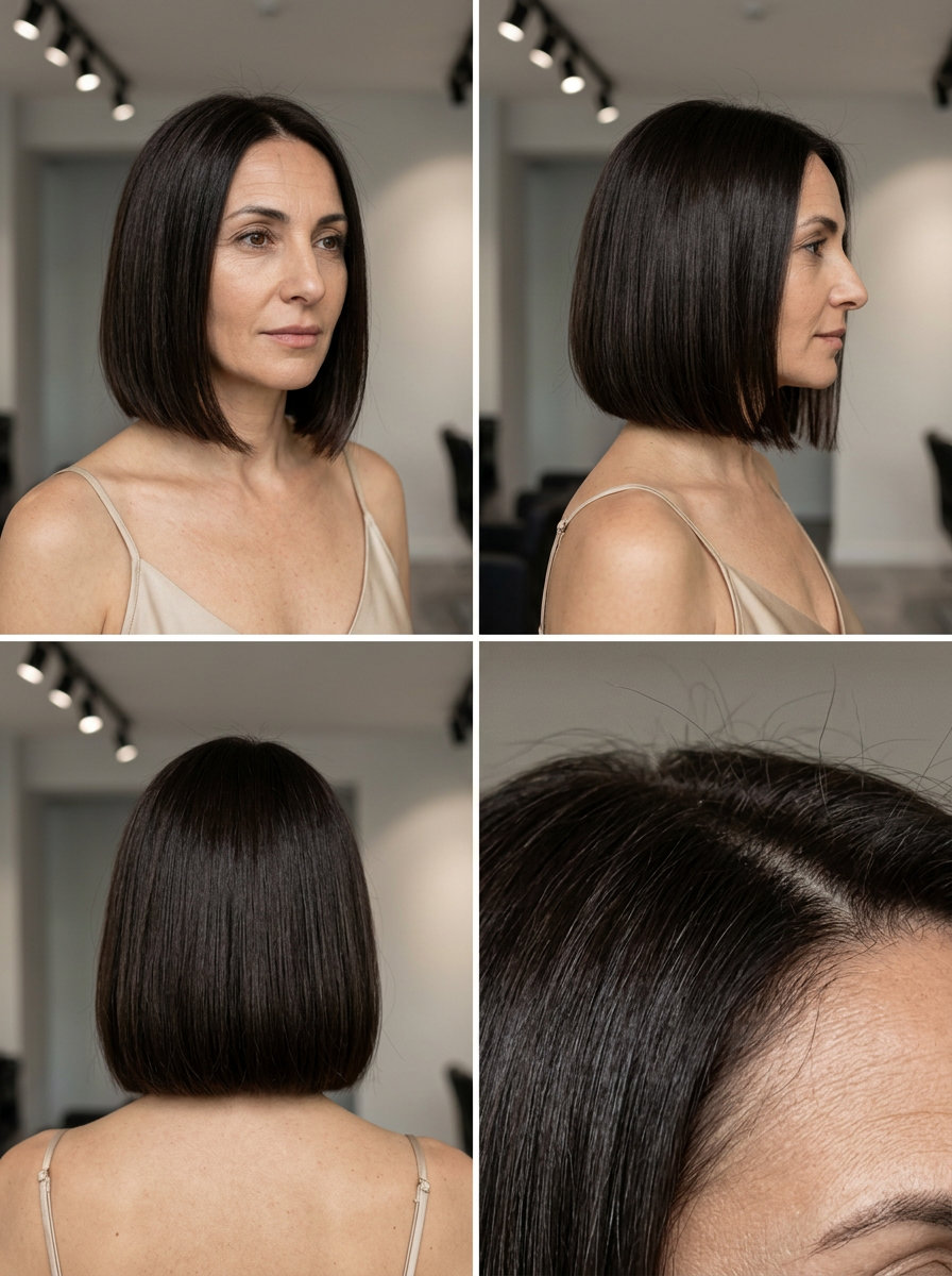 chin-length blunt bob haircut in deep espresso brunette with cool undertones, sharp one-length perimeter, no bangs — sophisticated sleek
