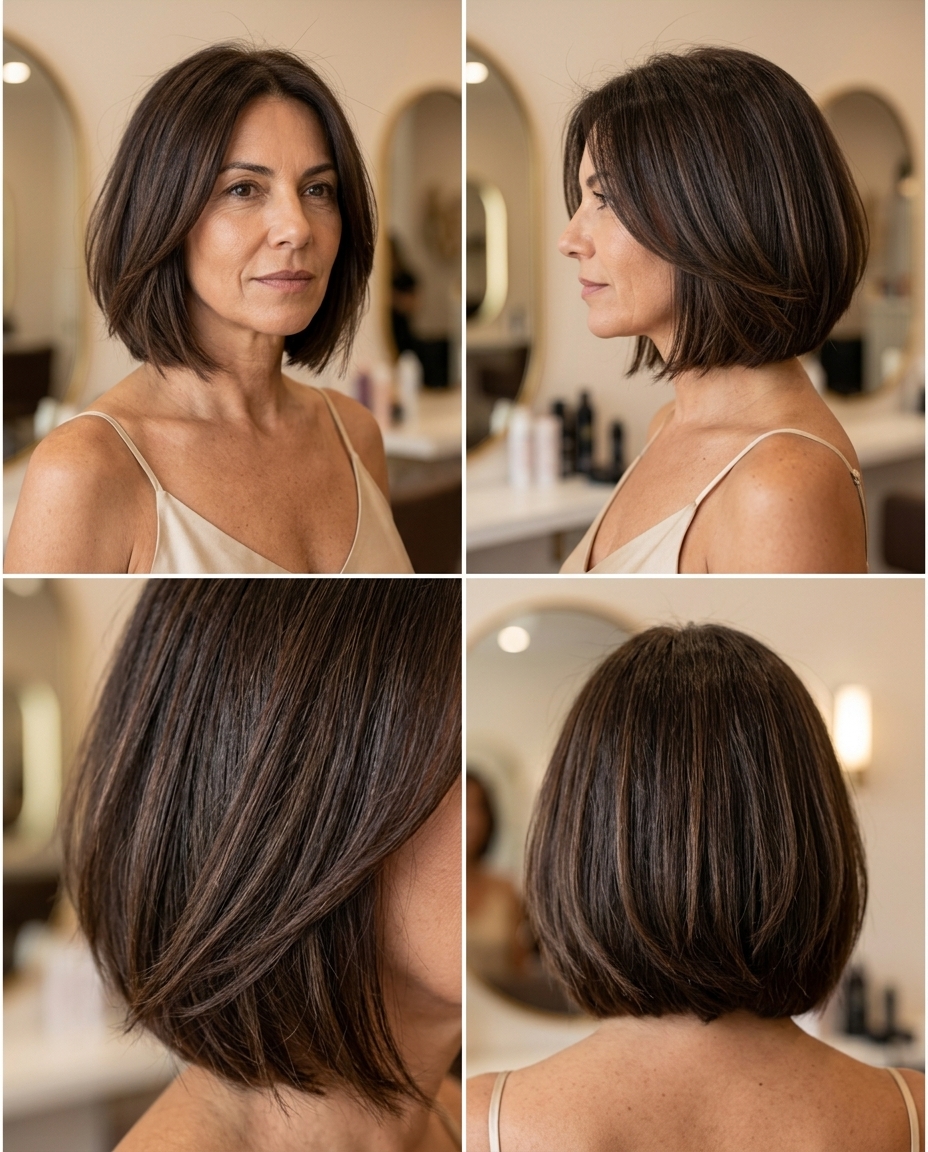 chin-length textured French bob with mocha lowlights, point-cut perimeter, optional fringe — chic