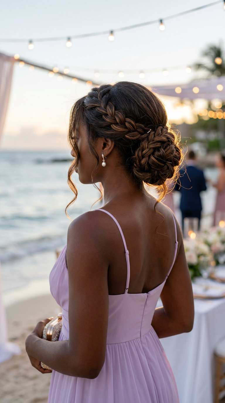 Romantic Braided Espresso Bun 2026 long espresso roast brunette braided low bun with caramel lowlights and face-framing tendrils for wedding guest