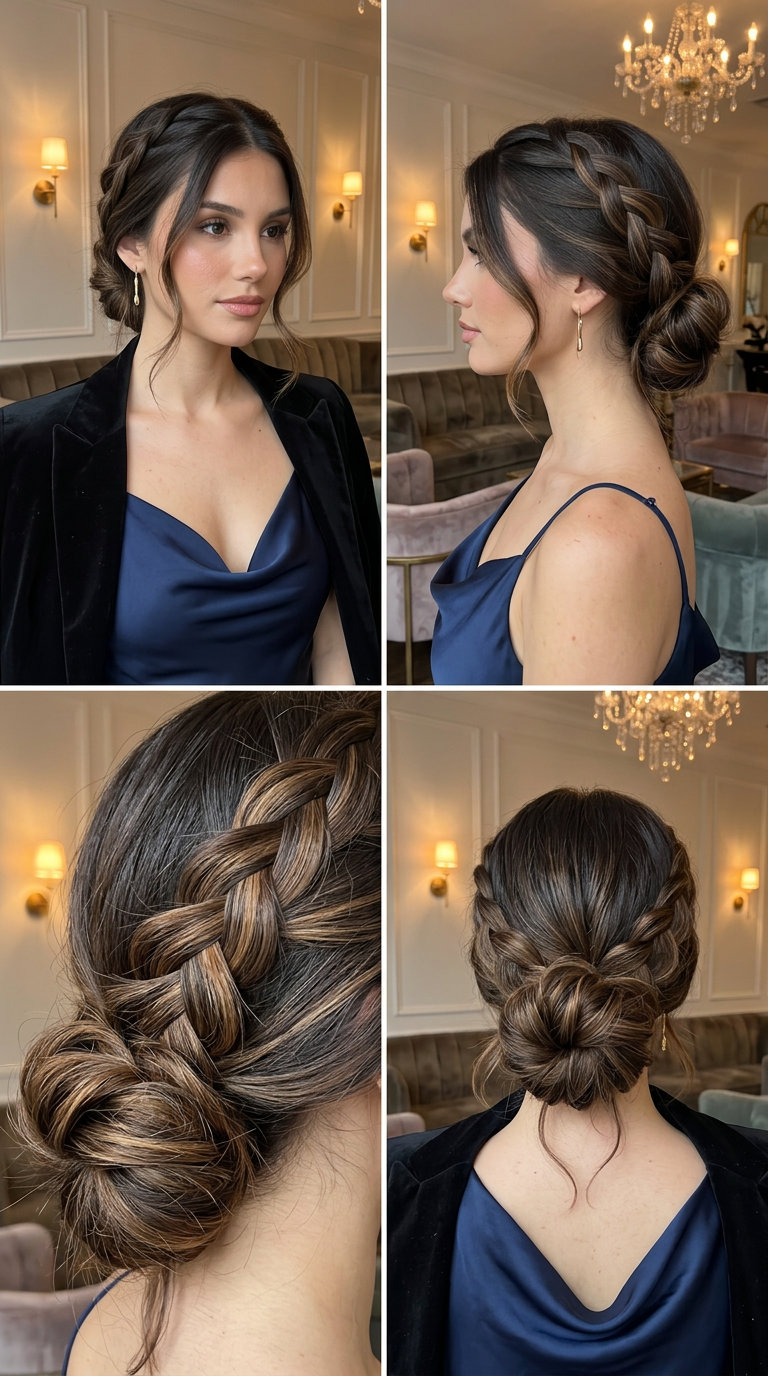 Parisian Romance Braided Side Bun 2026 long braided side bun updo with espresso brunette hair, caramel balayage β romantic garden party