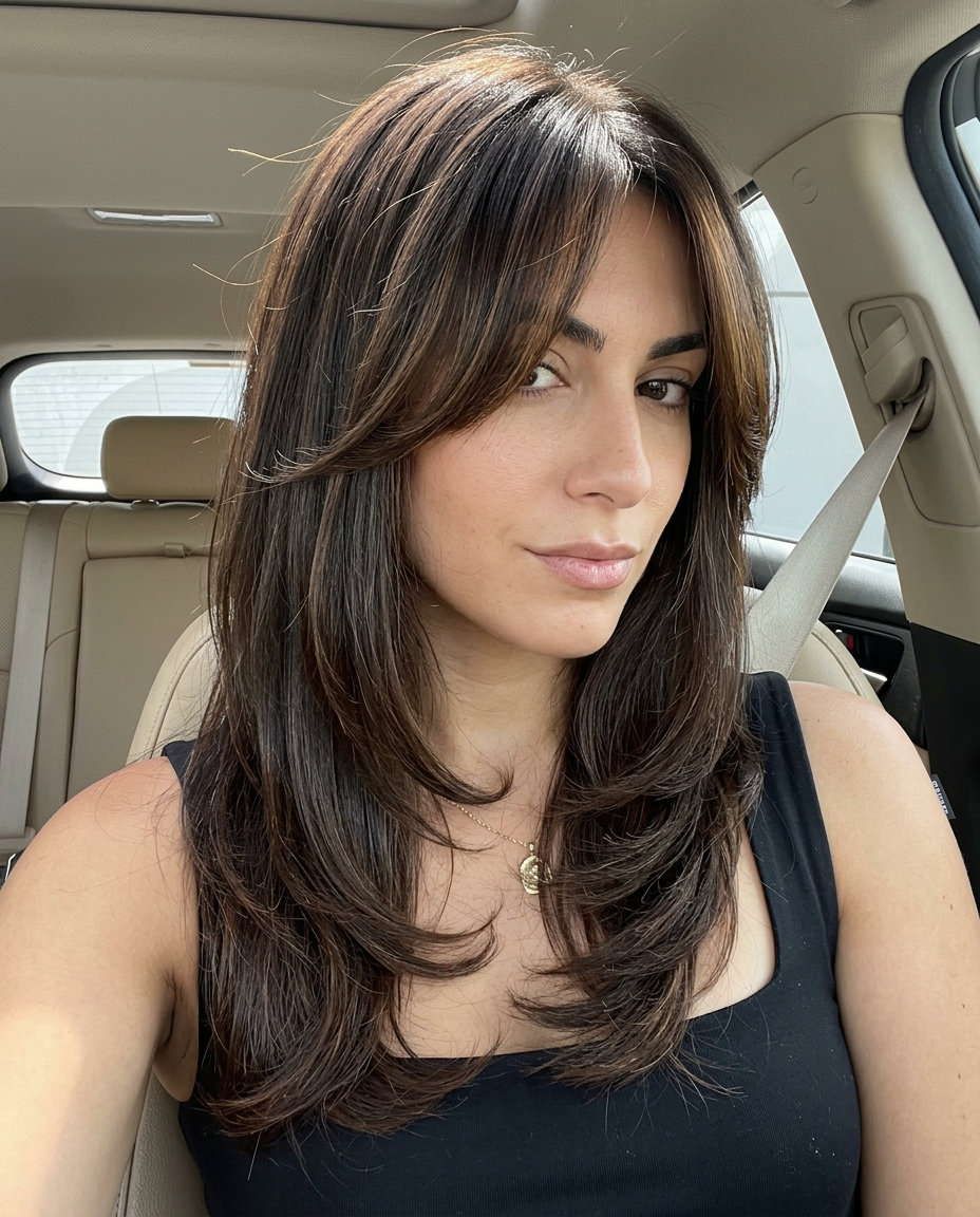 long haircut with espresso brunette color, caramel lowlights, face-framing layers, wispy curtain bangs — romantic effortless ethereal summer