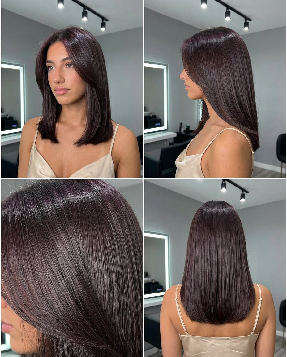 long one-length haircut midnight espresso brunette with violet reflects, high gloss — luxe summer style