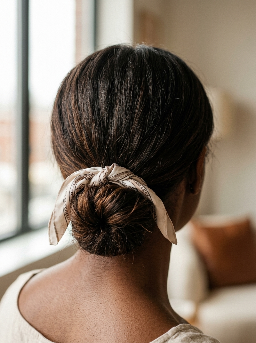Chic Nape Knot with Scarf 2026 long rich espresso brunette nape knot with silk scarf, textured waves, no fringe β chic daily