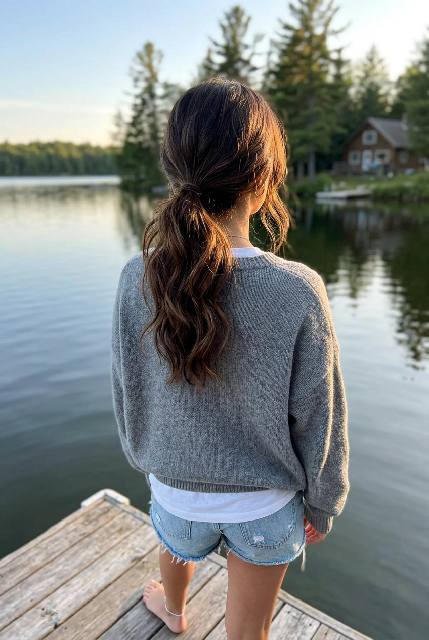 long espresso brunette effortless low pony with textured crown, relaxed — daily