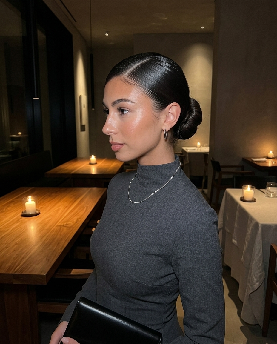 Modern Sleek Side-Parted Bun 2026 long sleek side-parted bun with espresso brunette for sophisticated event
