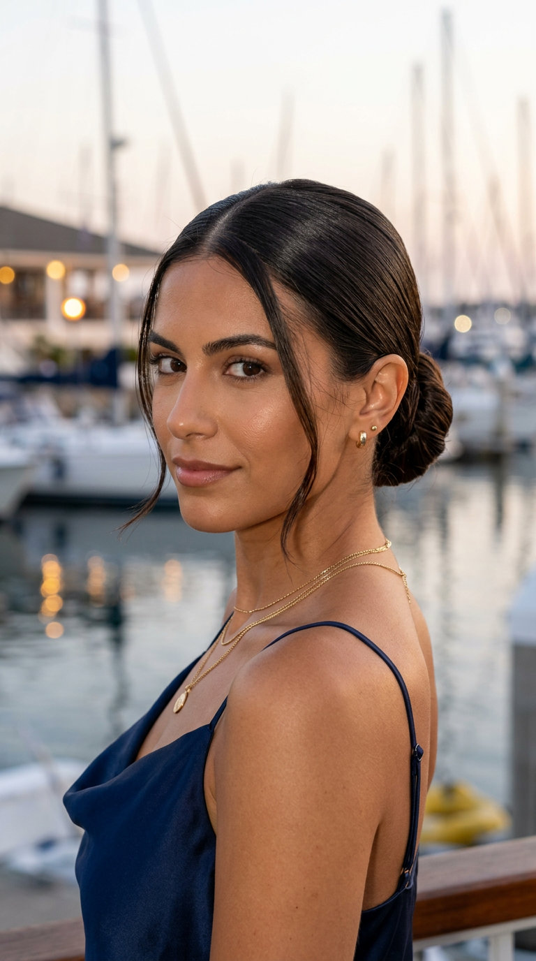 long easy hairstyle with deep espresso brunette, high-gloss finish, slicked low bun for sophisticated event