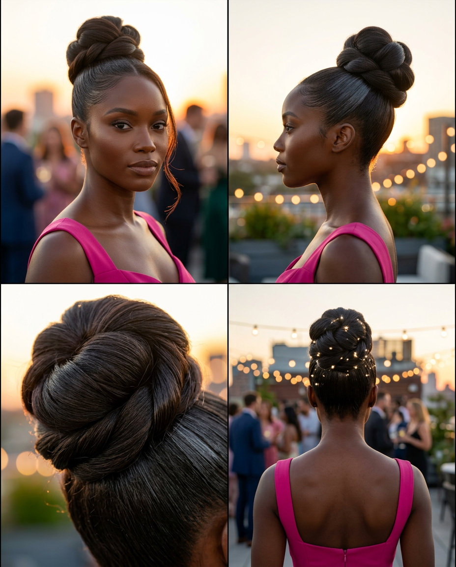 Sculptural Twisted High Bun 2026 long sculptural twisted bun with deep espresso brunette for professional event
