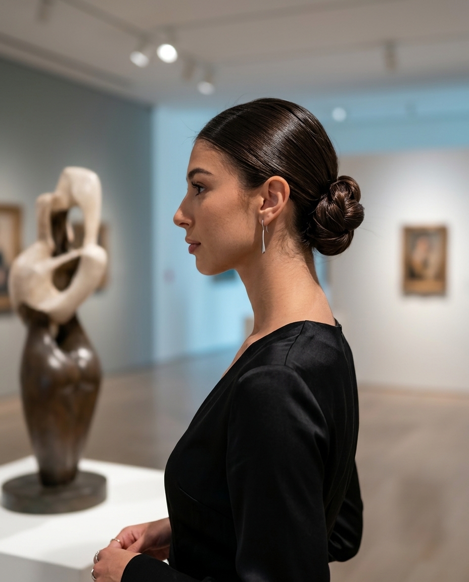 Sculpted Chignon 2026 long deep espresso brunette chignon with high gloss and sculpted shape for a formal event