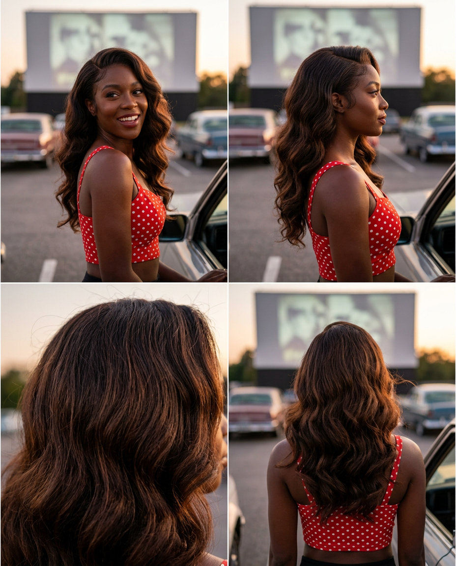 long espresso brunette glamorous deep side part waves, retro — date night