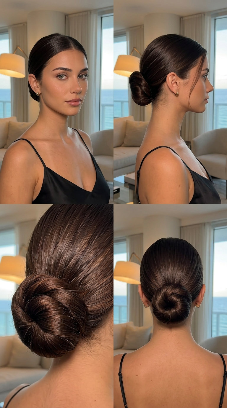 Wrap-Around Bun: Espresso Brunette 2026 long espresso brunette wrap-around bun, sleek twisted bun, center part β professional polished