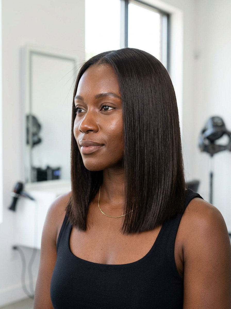 Glass Midi: Sleek Summer Haircut 2026 medium blunt haircut in deep cool espresso brunette, high-gloss finish, crisp center part β sleek professional style