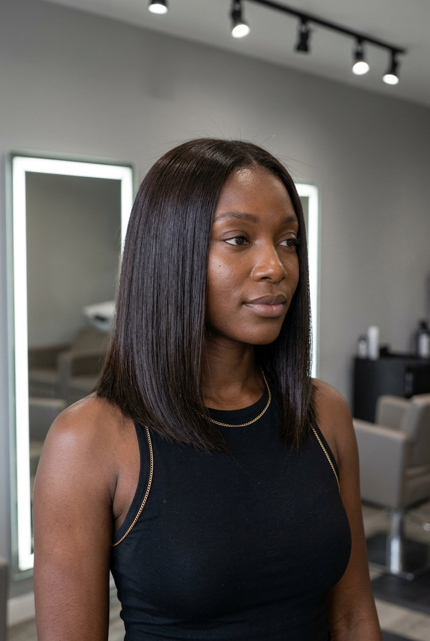 Cool Espresso Blunt Midi: Summer Haircut 2026 medium blunt haircut in cool espresso brunette, solid single-process color, no layers β minimalist edgy look