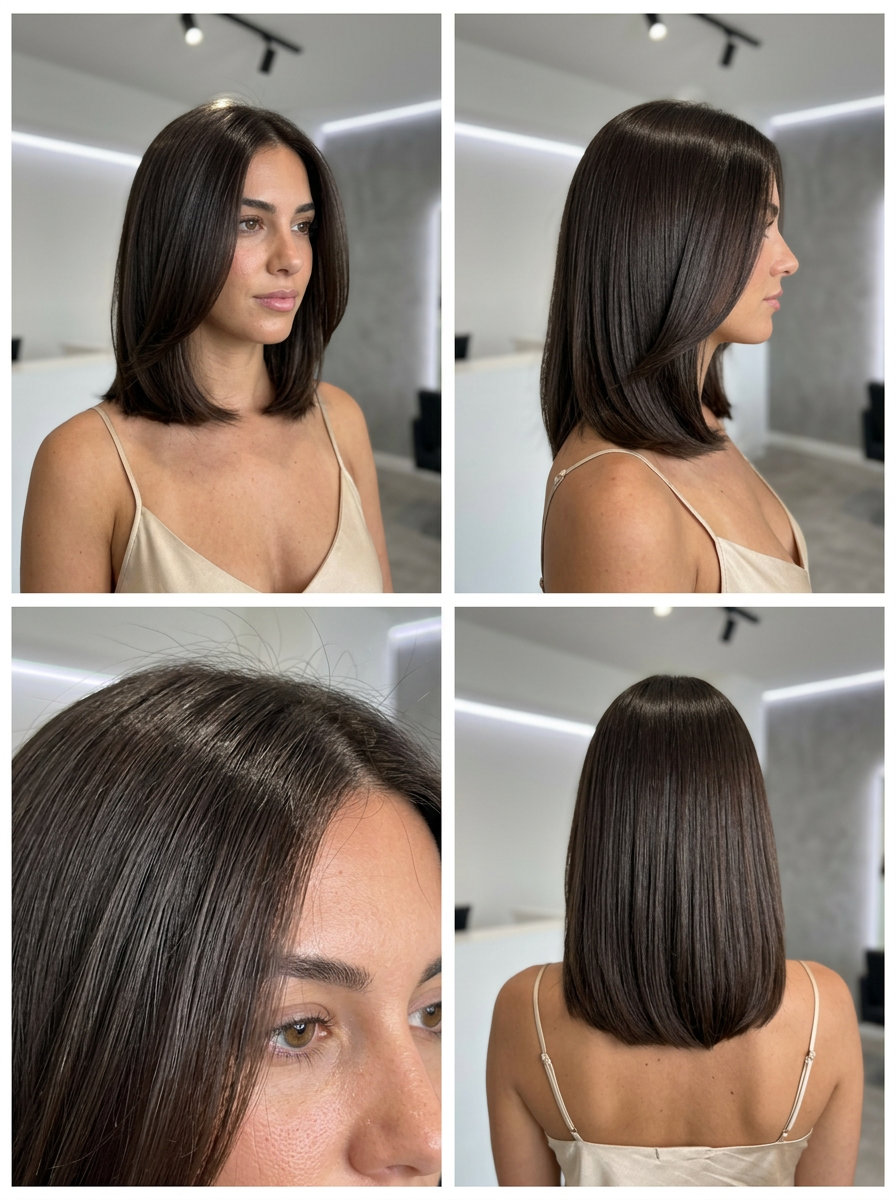 Sculpted Espresso Italian Bob 2026 medium Italian bob haircut with deep espresso brunette, point-cut ends, no bangs β bold sophisticated