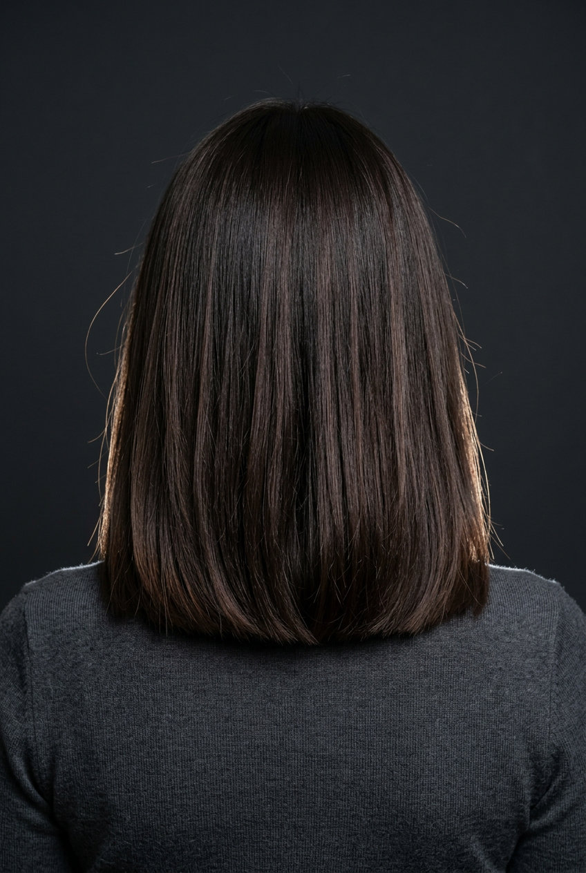 Seamless Blend Lob: Summer Haircut 2026 medium lob haircut in rich espresso with chocolate lowlights, blunt perimeter, invisible layers β sophisticated professional style