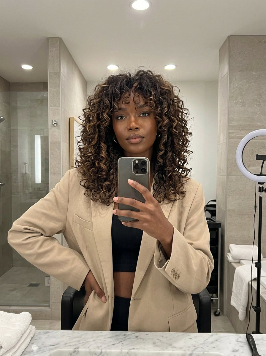 Bohemian Curly Shag: Espresso & Caramel 2026 medium-long curly shag haircut with espresso brunette color, caramel babylights, and face-framing layers for bohemian looks