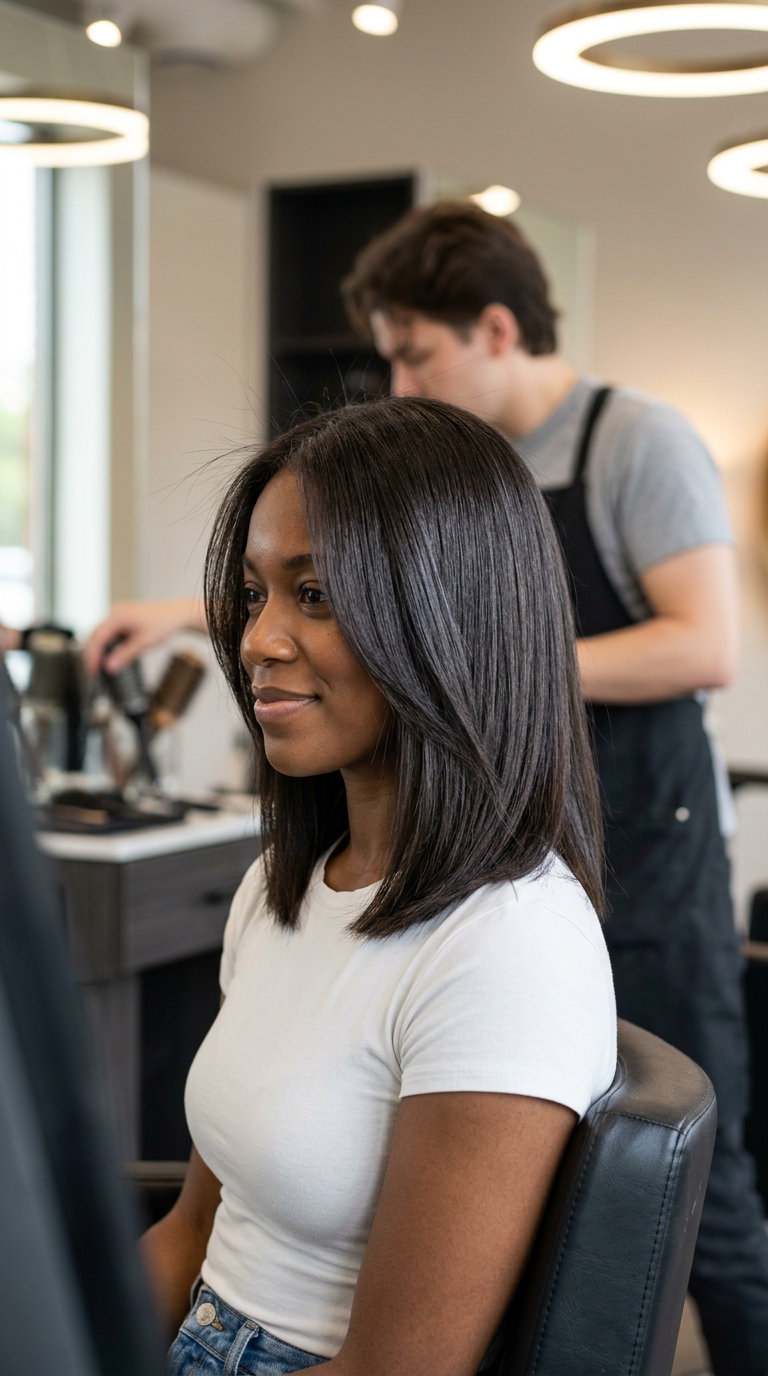Sculpted Espresso Midi Haircut 2026 medium sculpted haircut with deep espresso brunette, point-cut ends, no bangs β professional sophisticated