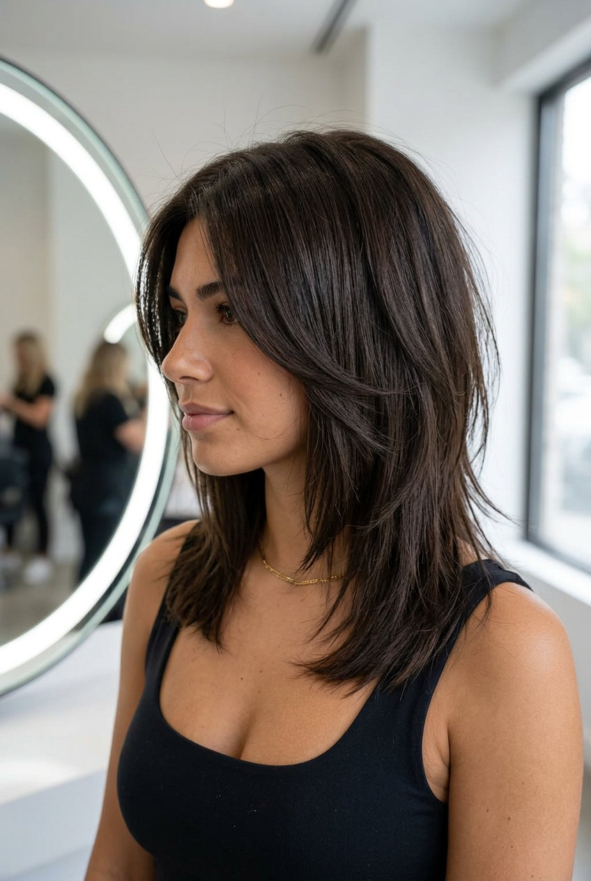 medium-length shag haircut in Deep Espresso Brunette, disconnected layers, choppy razored ends, face-framing layers — edgy summer look