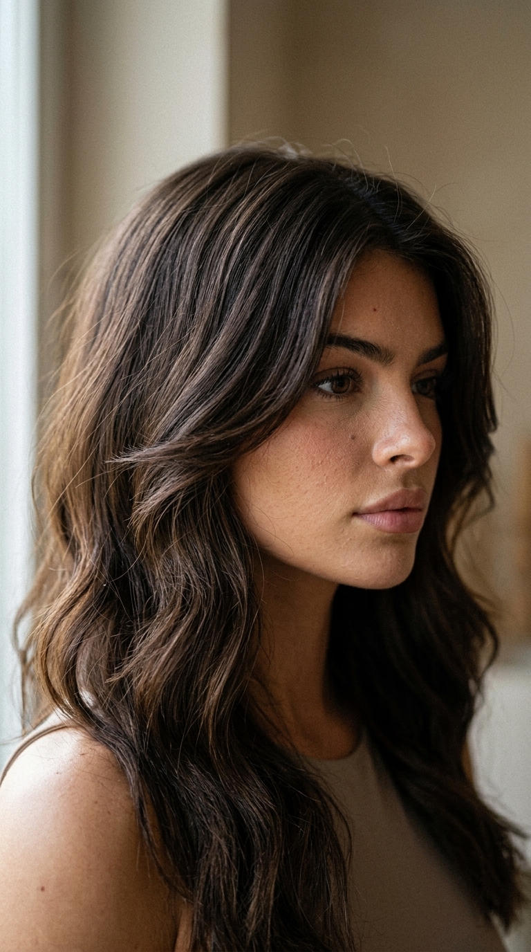 medium wolf cut in deep espresso brunette with cool undertones, soft blended layers, sweeping face-framing — romantic evening event