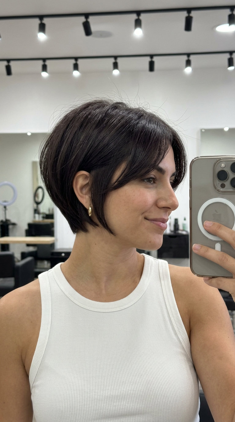 Sophisticated Espresso Bixie Haircut 2026 short point-cut bixie in espresso brunette with clear gloss and side-swept fringe