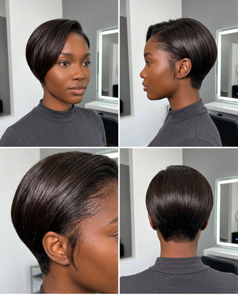 Sleek Hydro Bixie Haircut 2026 short point-cut bixie in espresso brunette with high-gloss finish and tapered nape