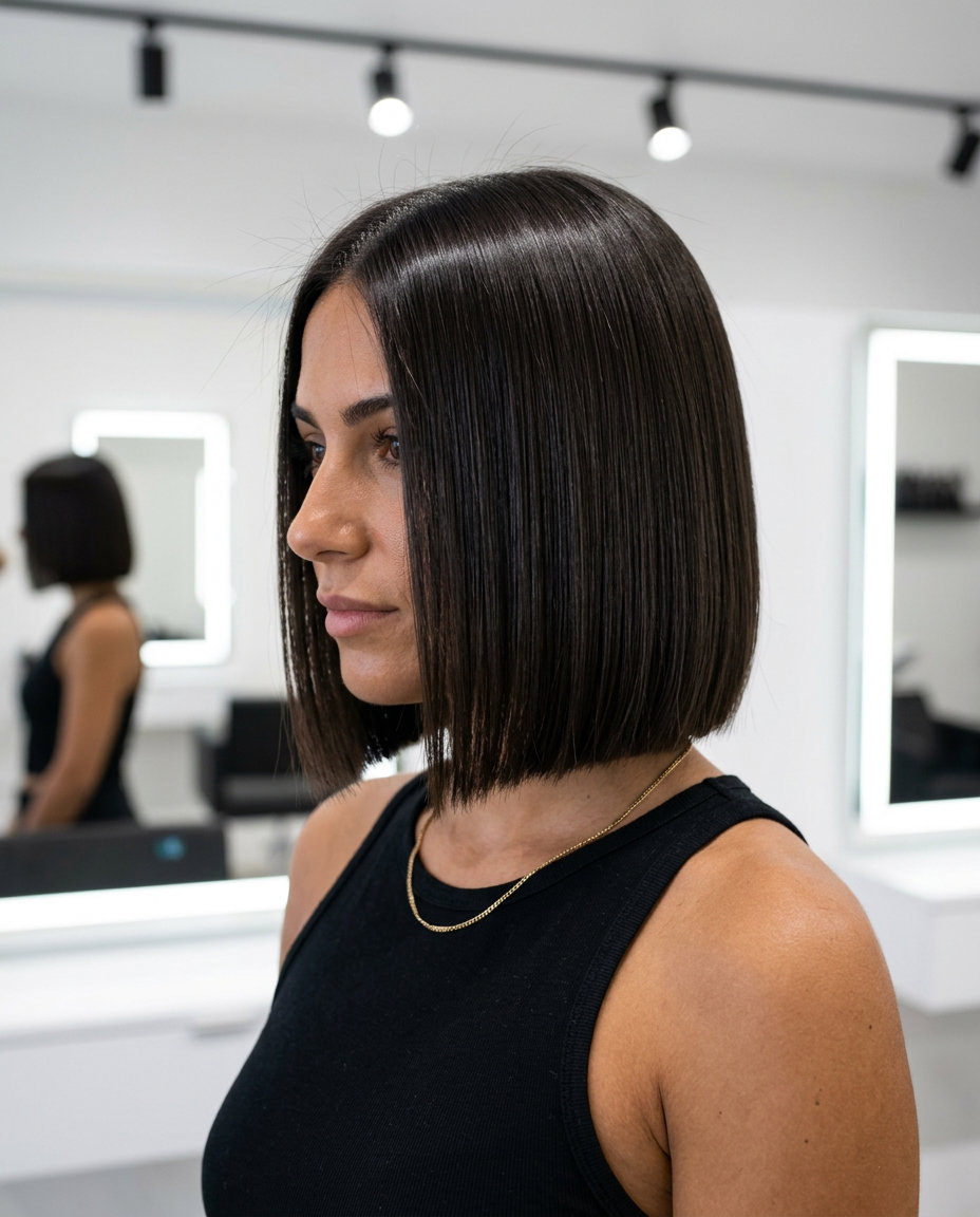short bob haircut in deep espresso brunette with blunt perimeter for edgy look