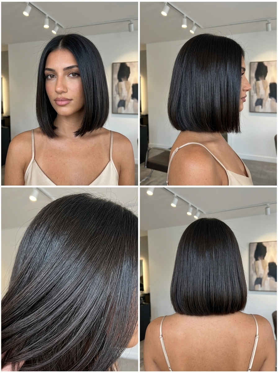 Sophisticated French Bob 2026: Espresso Brunette short french bob haircut with espresso brunette, blunt precision cut and no layers for professional sophistication
