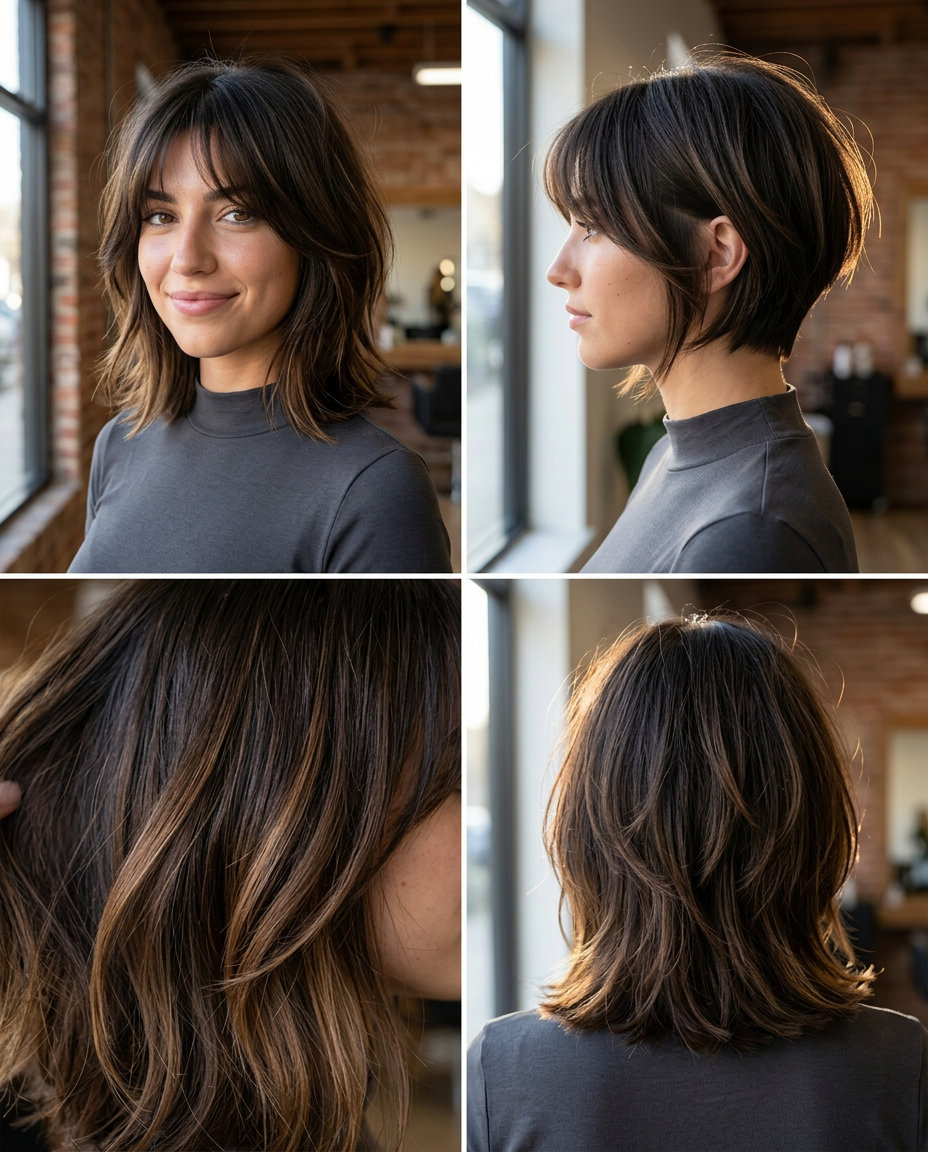 Shaggy French Bob 2026: Espresso Brunette short french bob haircut with deep espresso brunette, caramel lowlights and shaggy crown layers for playful texture