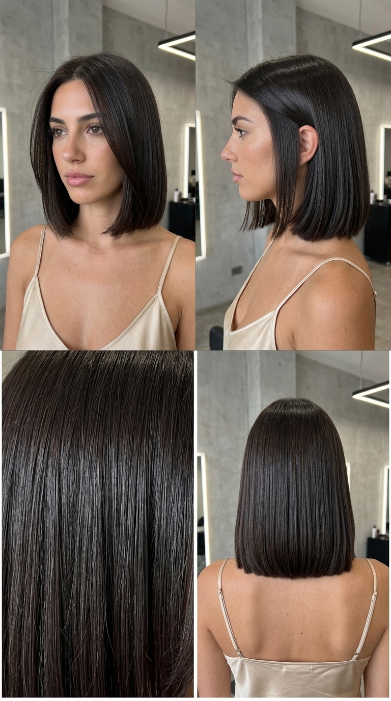 Gorgeous Summer French Bob 2026: The Hydro French Bob short french bob haircut with espresso brunette, clear gloss, and blunt perimeter — sleek modern look