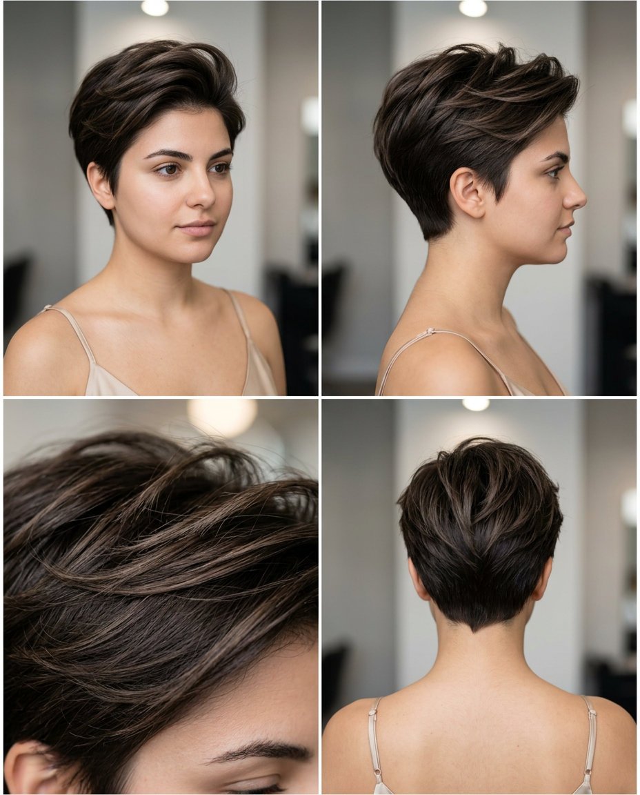 short pixie haircut with cool espresso brunette, micro-balayage, and crown layers for summer