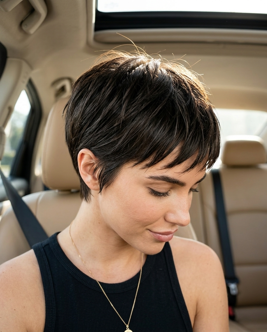 short razored pixie with deep espresso brunette, tapered sides, and piecey fringe for edgy chic